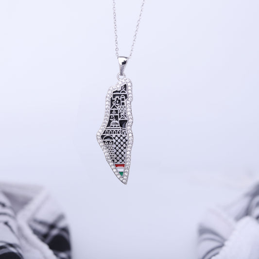 ✨ سنسال خارطة فلسطين بكوفية – فضي 🇵🇸 ✨