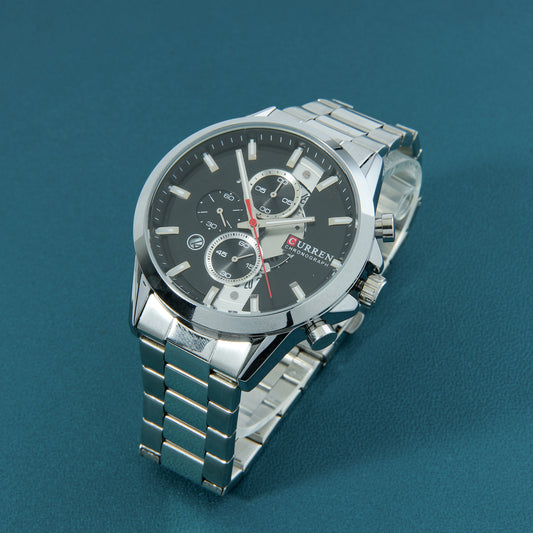 ⚫ ساعة Curren Contrast Steel – أناقة التباين بين الفضي والأسود الكلاسيكي 🤍