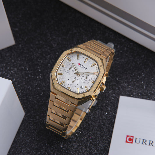 👑 ساعة Curren Square Elegance – فخامة الذهب وإشراقة الأبيض في إطار مربع 🤍