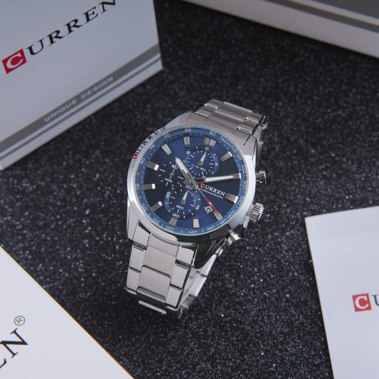 💙 ساعة Curren Blue Ocean – نقاء الفولاذ الفضي وعمق الأزرق الساحر 🌊