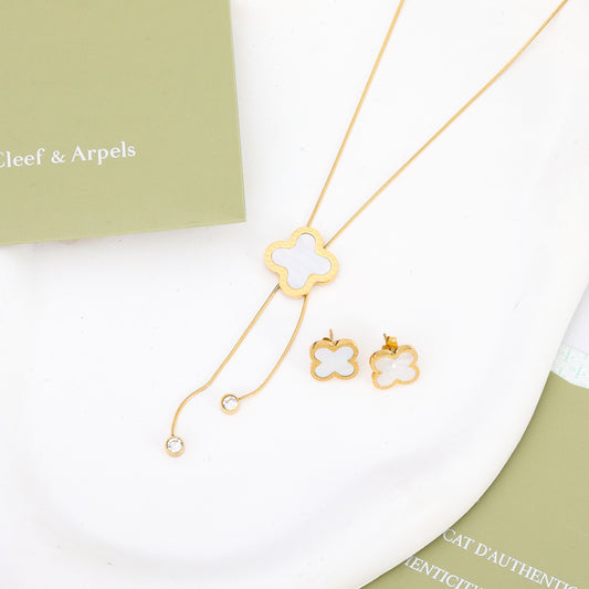 ✨ طقم فان كليف أبيض زركون ناعم - سنسال وحلق ✨