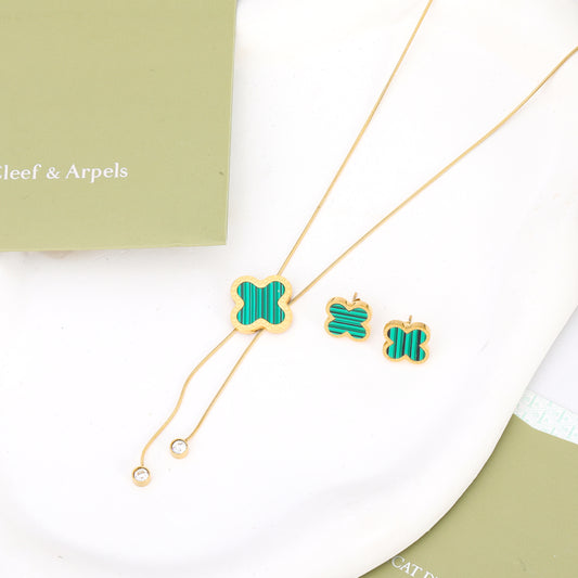 ✨ طقم فان كليف أخضر زركون ناعم - سنسال وحلق ✨