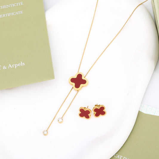 ✨ طقم فان كليف أحمر زركون ناعم - سنسال وحلق ✨