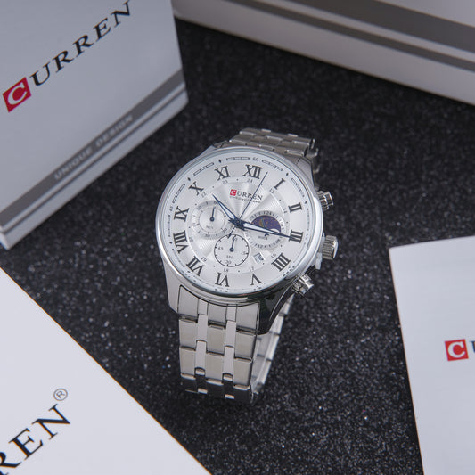 ⚪ ساعة Curren Steel Silver – الرقي الكلاسيكي ولمعان الستانلس ستيل ✨
