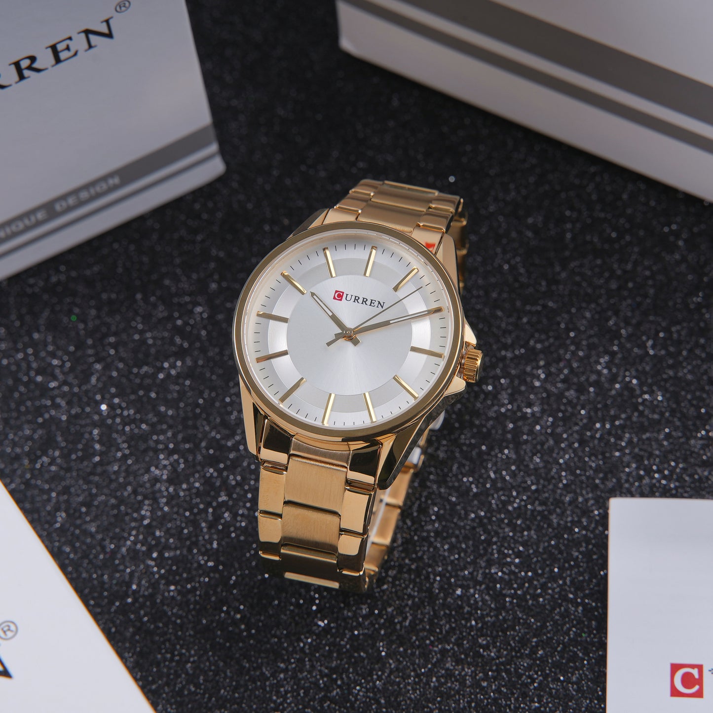 👑 ساعة Curren Gold-White Classic – نقاء الإشراقة و فخامة الذهب الدائري ✨